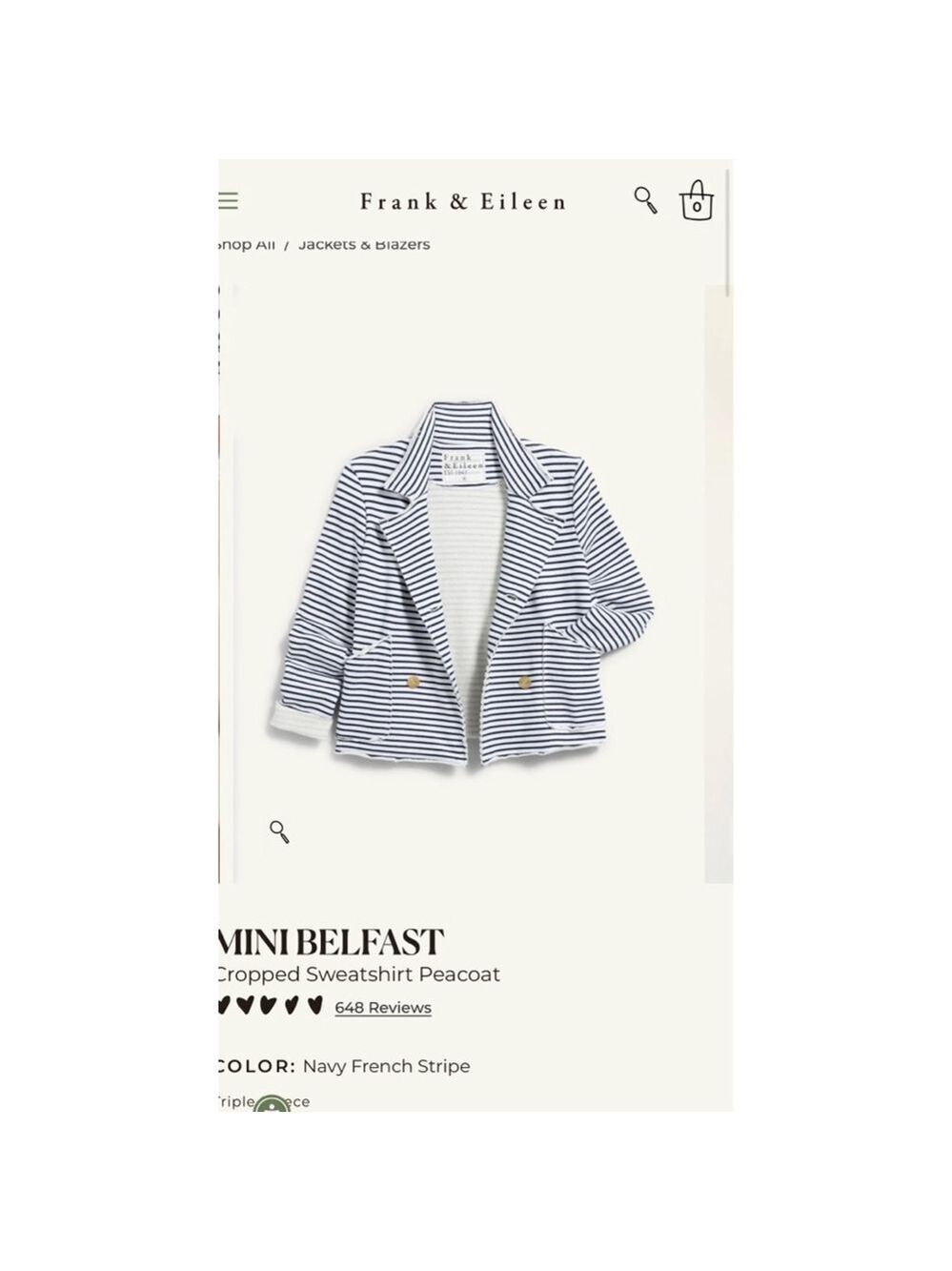 New Frank & Eileen M Navy White French Stripe Cropped Belfast Sweatshirt Peacoat